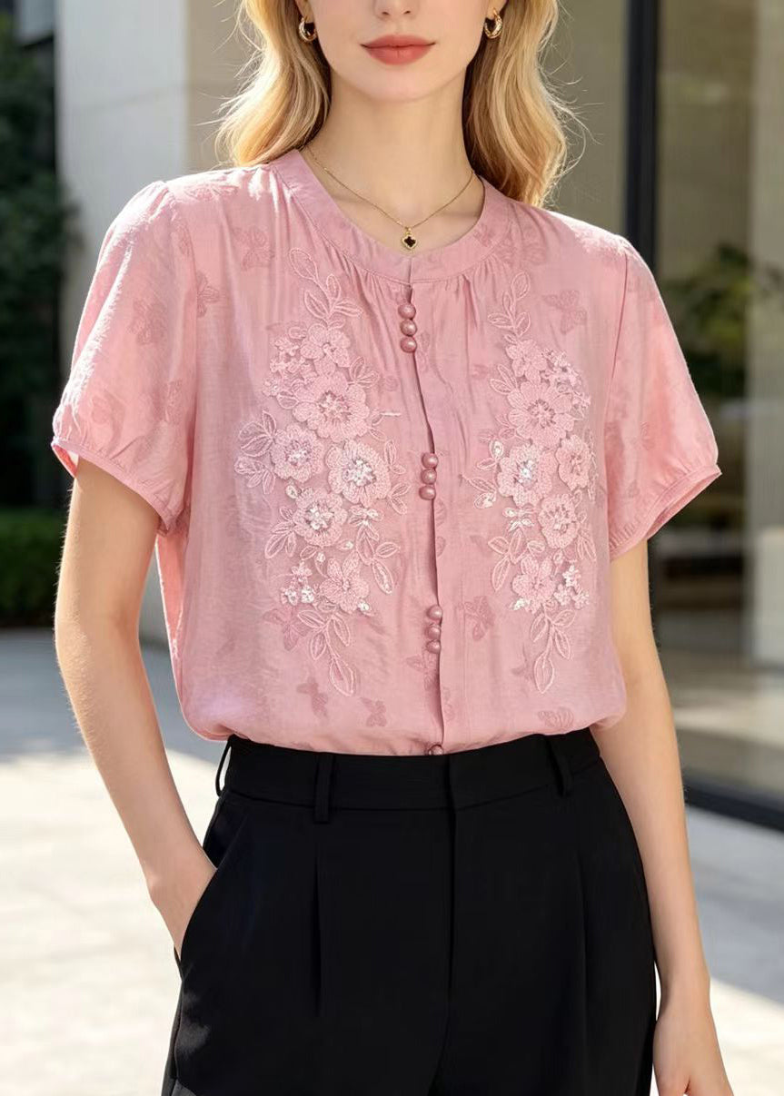 Natural Pink Embroidered Butterfly Cotton Blouse Tops Summer