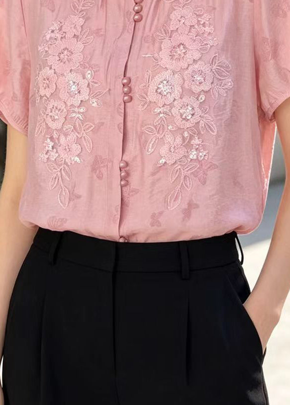 Natural Pink Embroidered Butterfly Cotton Blouse Tops Summer