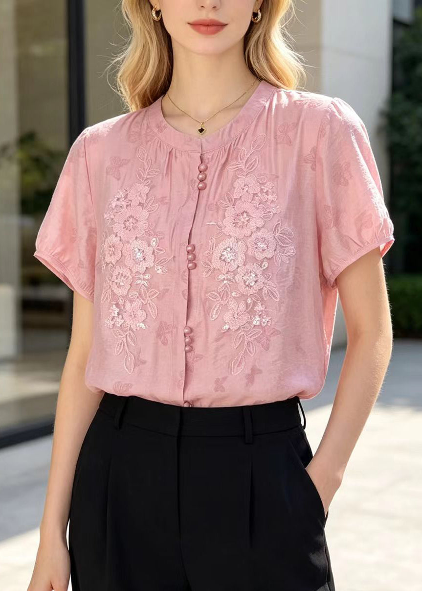 Natural Pink Embroidered Butterfly Cotton Blouse Tops Summer