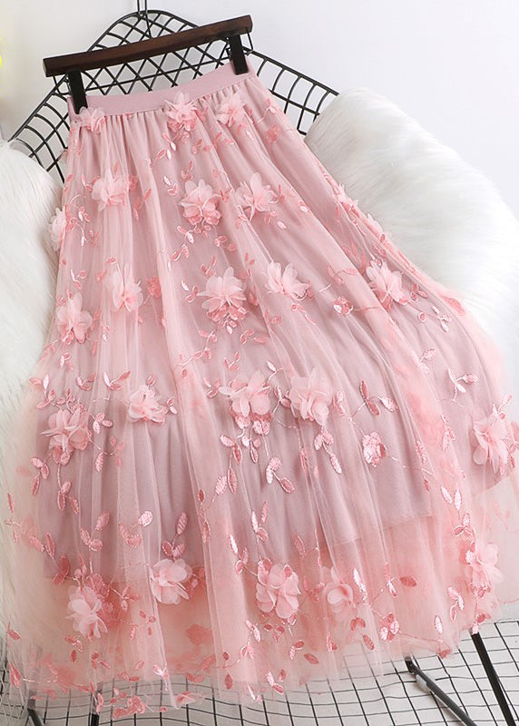 Natural Pink Embroidered Floral Tulle Skirts Spring
