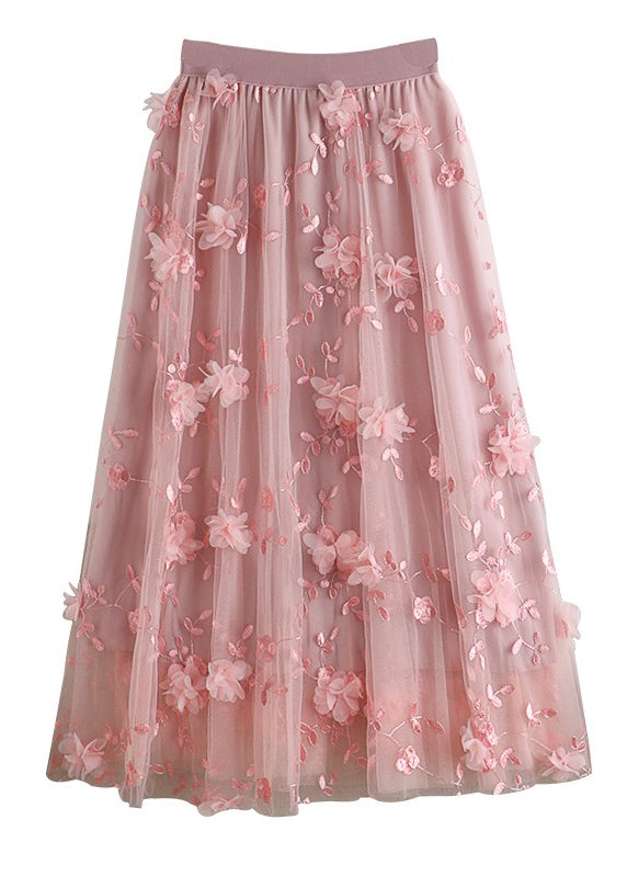 Natural Pink Embroidered Floral Tulle Skirts Spring