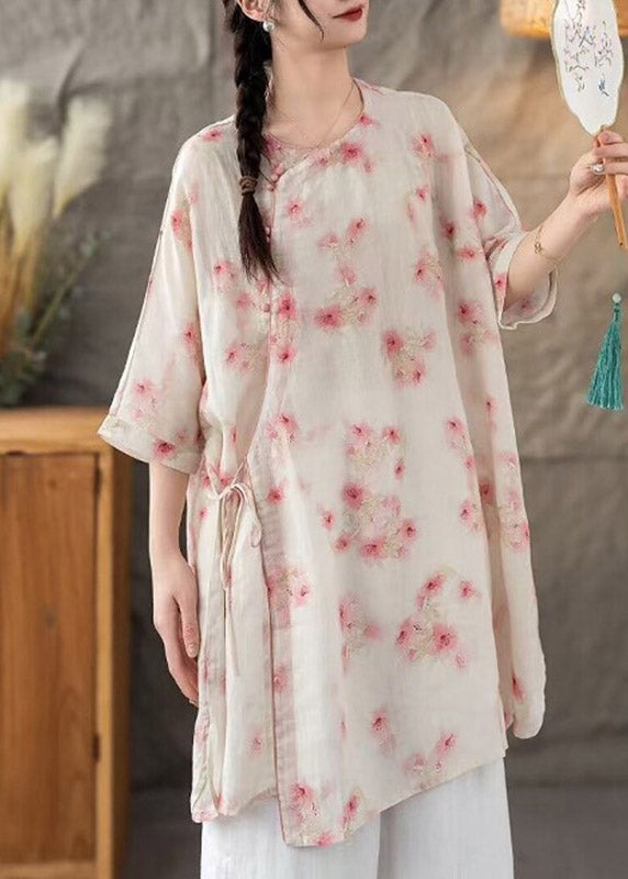 Natural Pink Floral O-Neck Print Tie Waist Long Linen Shirt Three Quarter Sleeve