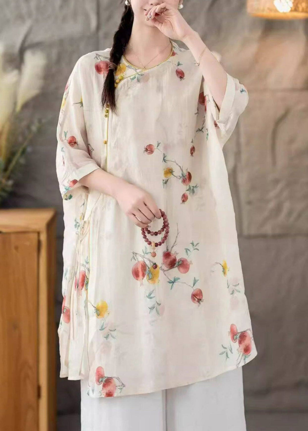 Natural Pink Floral O-Neck Print Tie Waist Long Linen Shirt Three Quarter Sleeve