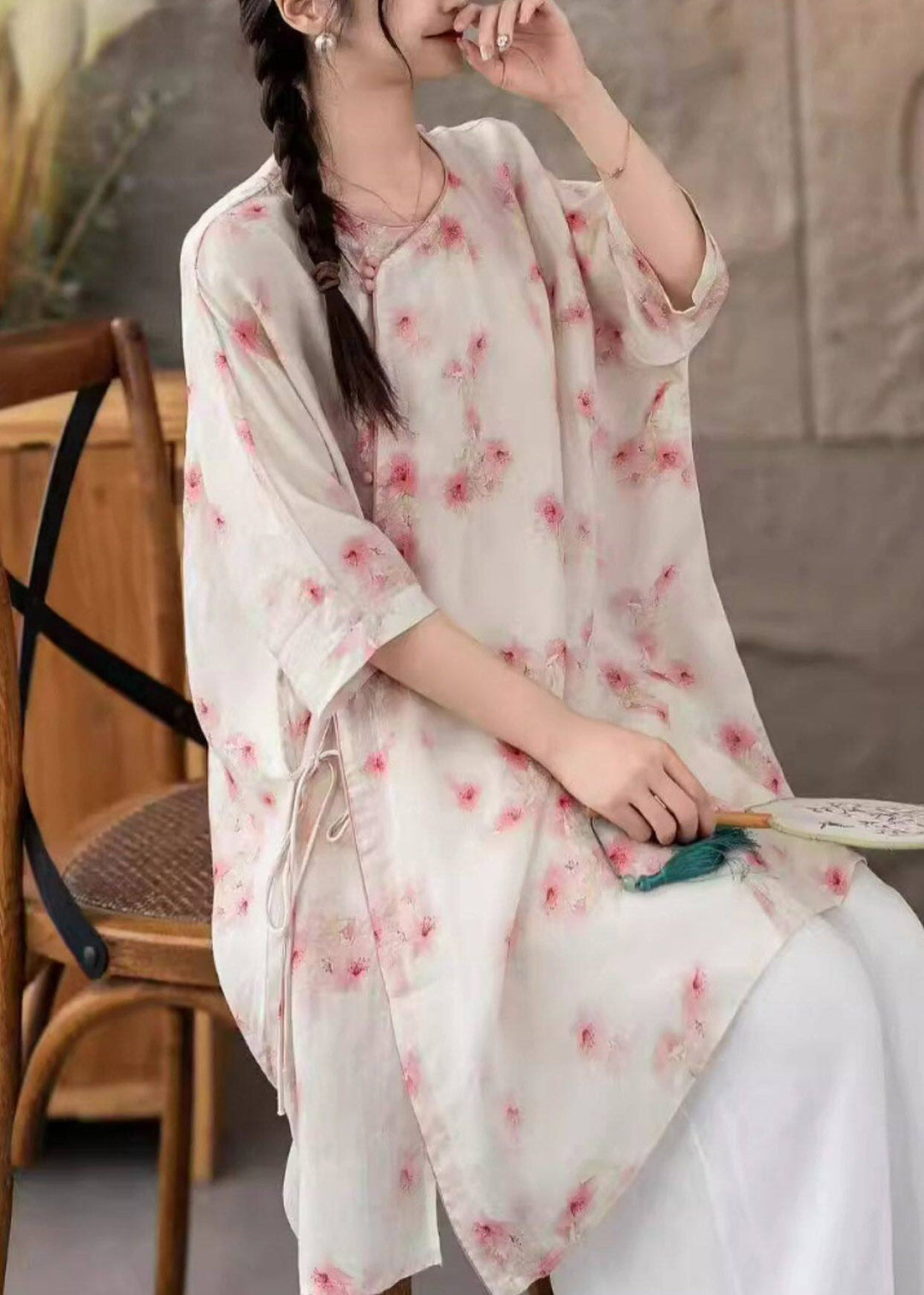 Natural Pink Floral O-Neck Print Tie Waist Long Linen Shirt Three Quarter Sleeve