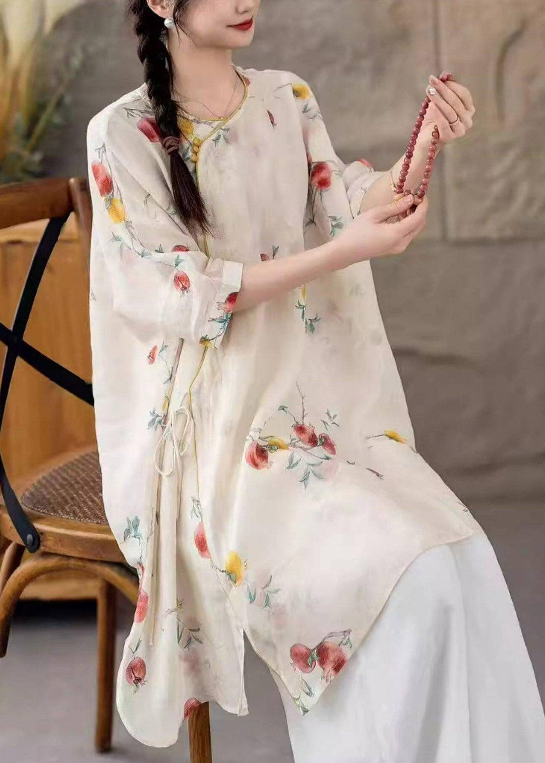 Natural Pink Floral O-Neck Print Tie Waist Long Linen Shirt Three Quarter Sleeve