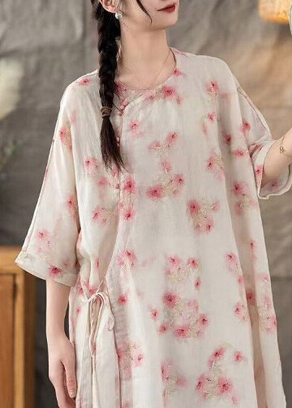 Natural Pink Floral O-Neck Print Tie Waist Long Linen Shirt Three Quarter Sleeve