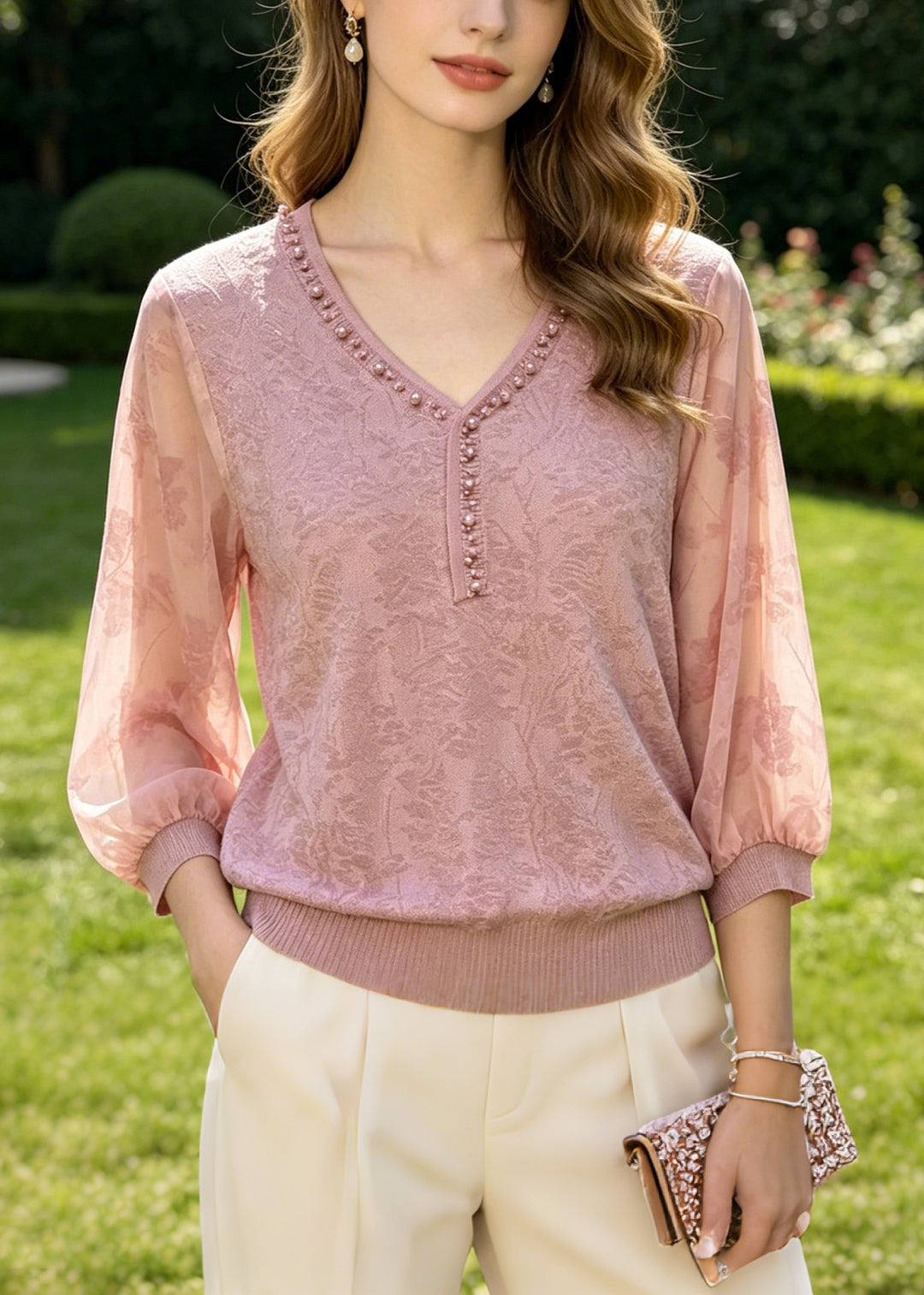 Natural Pink Jacquard Nail Bead Cotton Shirt Top Summer