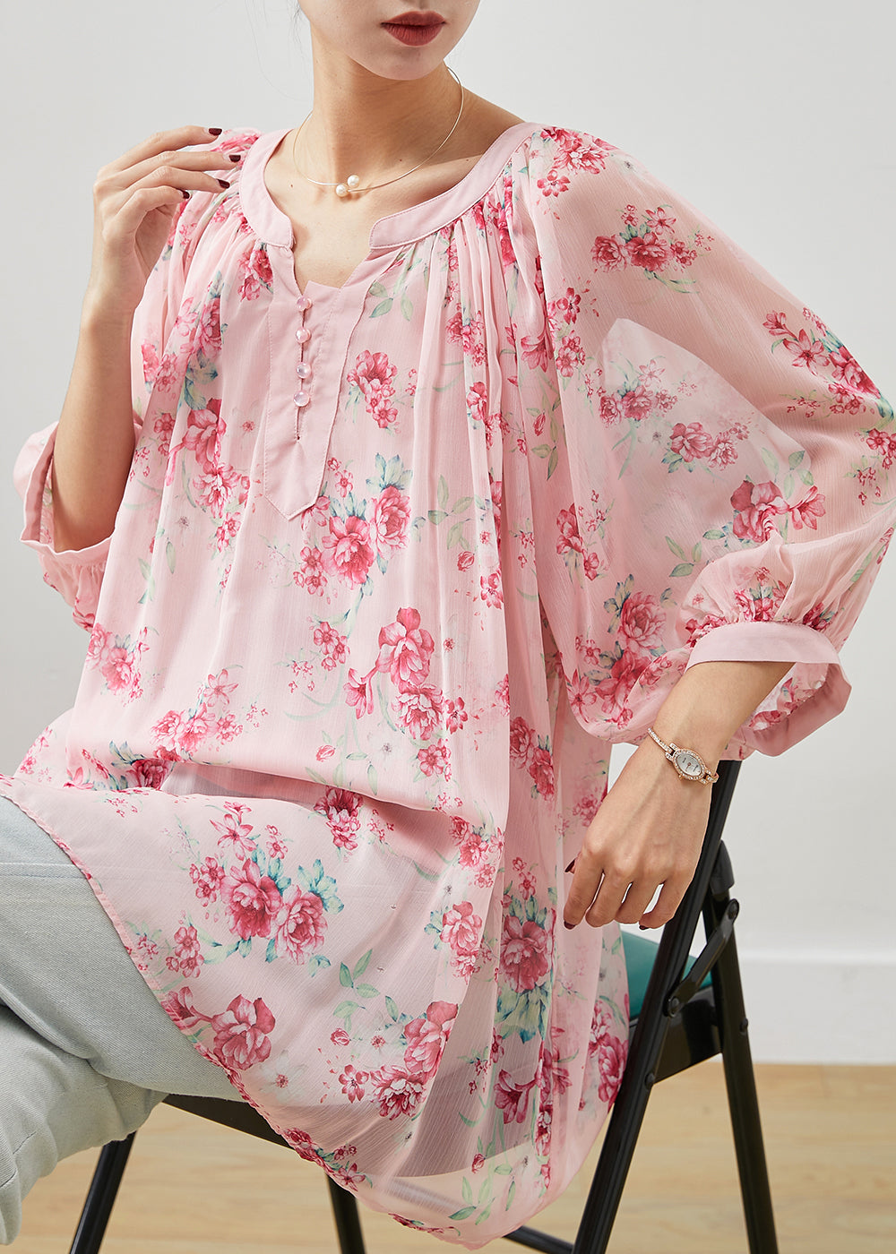 Natural Pink Oversized Print Chiffon Shirt Two Piece Bracelet Sleeve