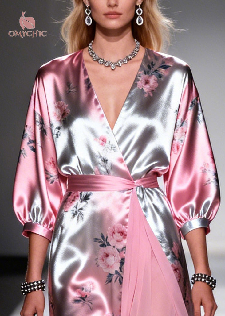 Natural Pink Print Tulle Patchwork Silk Long Dresses Summer