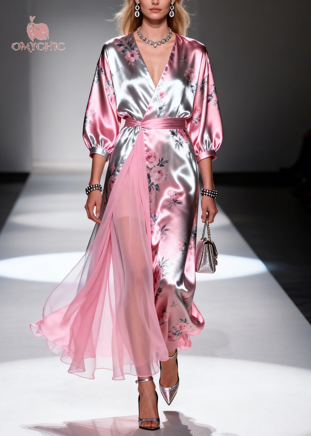 Natural Pink Print Tulle Patchwork Silk Long Dresses Summer
