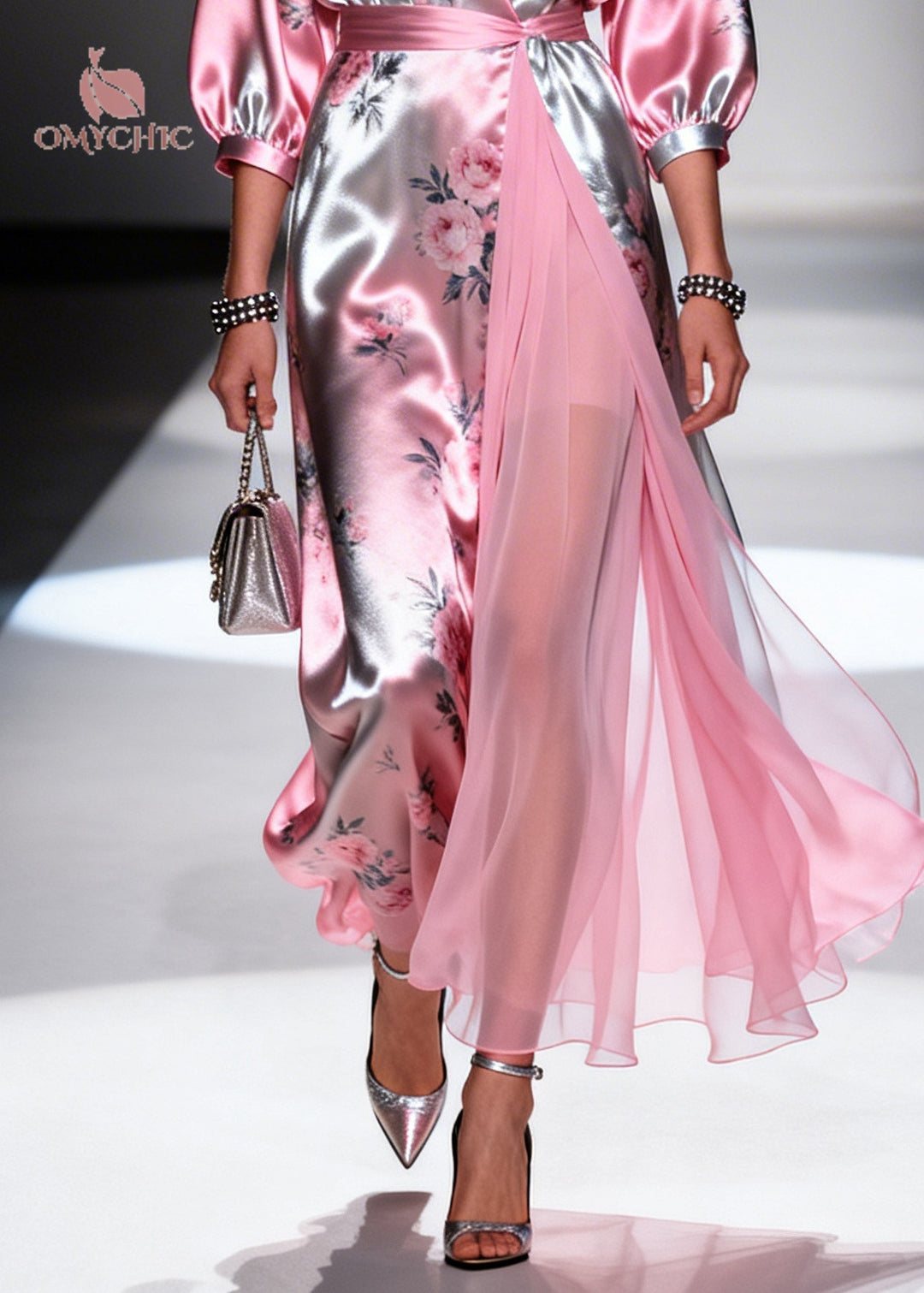 Natural Pink Print Tulle Patchwork Silk Long Dresses Summer