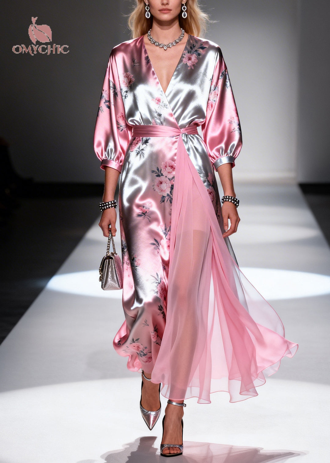 Natural Pink Print Tulle Patchwork Silk Long Dresses Summer