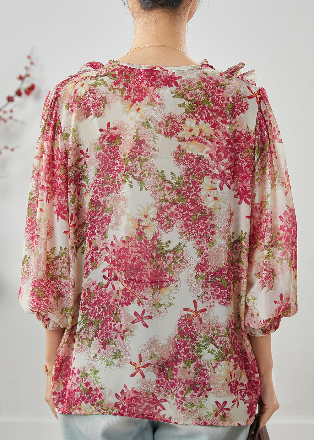 Natural Pink Ruffled Print Chiffon Shirts Spring