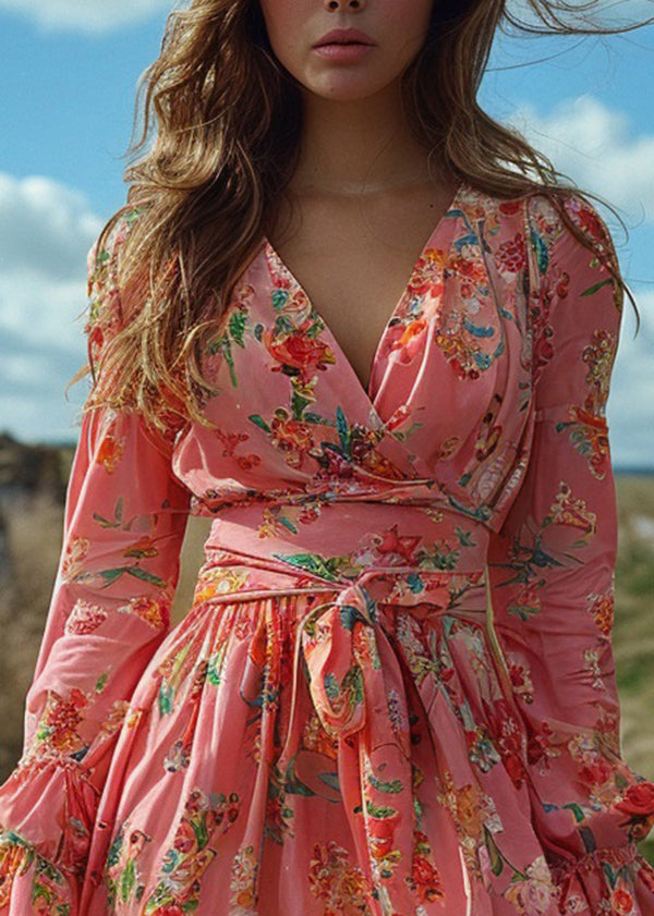 Natural Pink V Neck Print Lace Up Cotton Mini Dress Spring