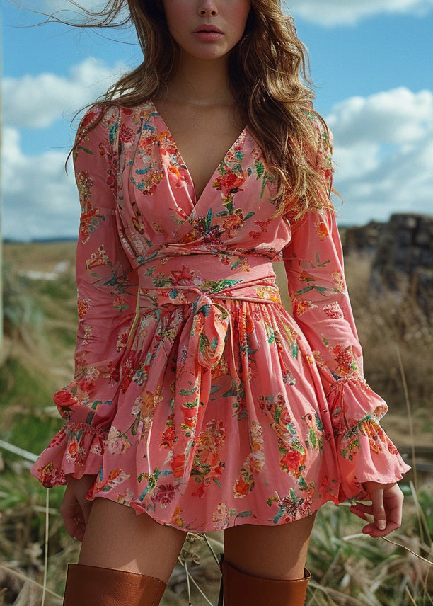 Natural Pink V Neck Print Lace Up Cotton Mini Dress Spring