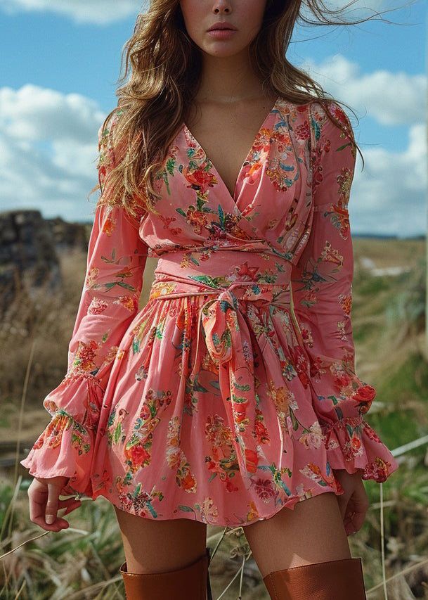 Natural Pink V Neck Print Lace Up Cotton Mini Dress Spring