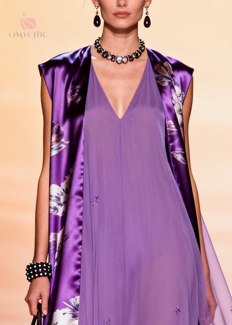 Natural Purple Oversized Patchwork Chiffon Dresses Sleeveless
