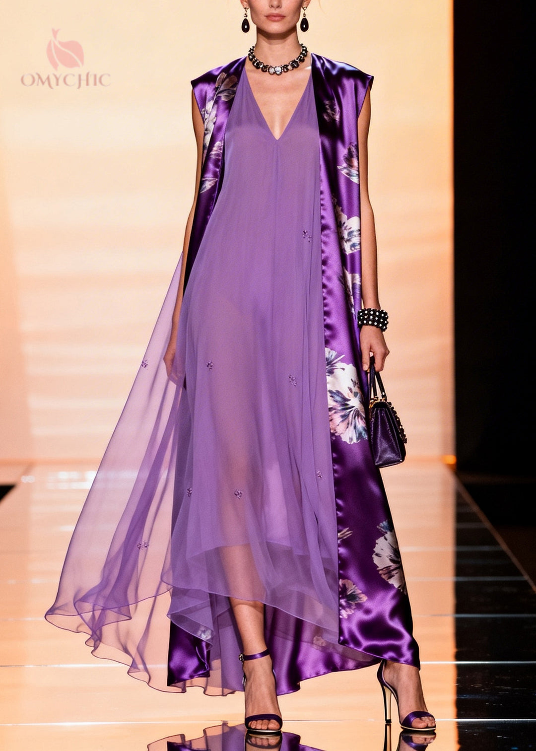 Natural Purple Oversized Patchwork Chiffon Dresses Sleeveless