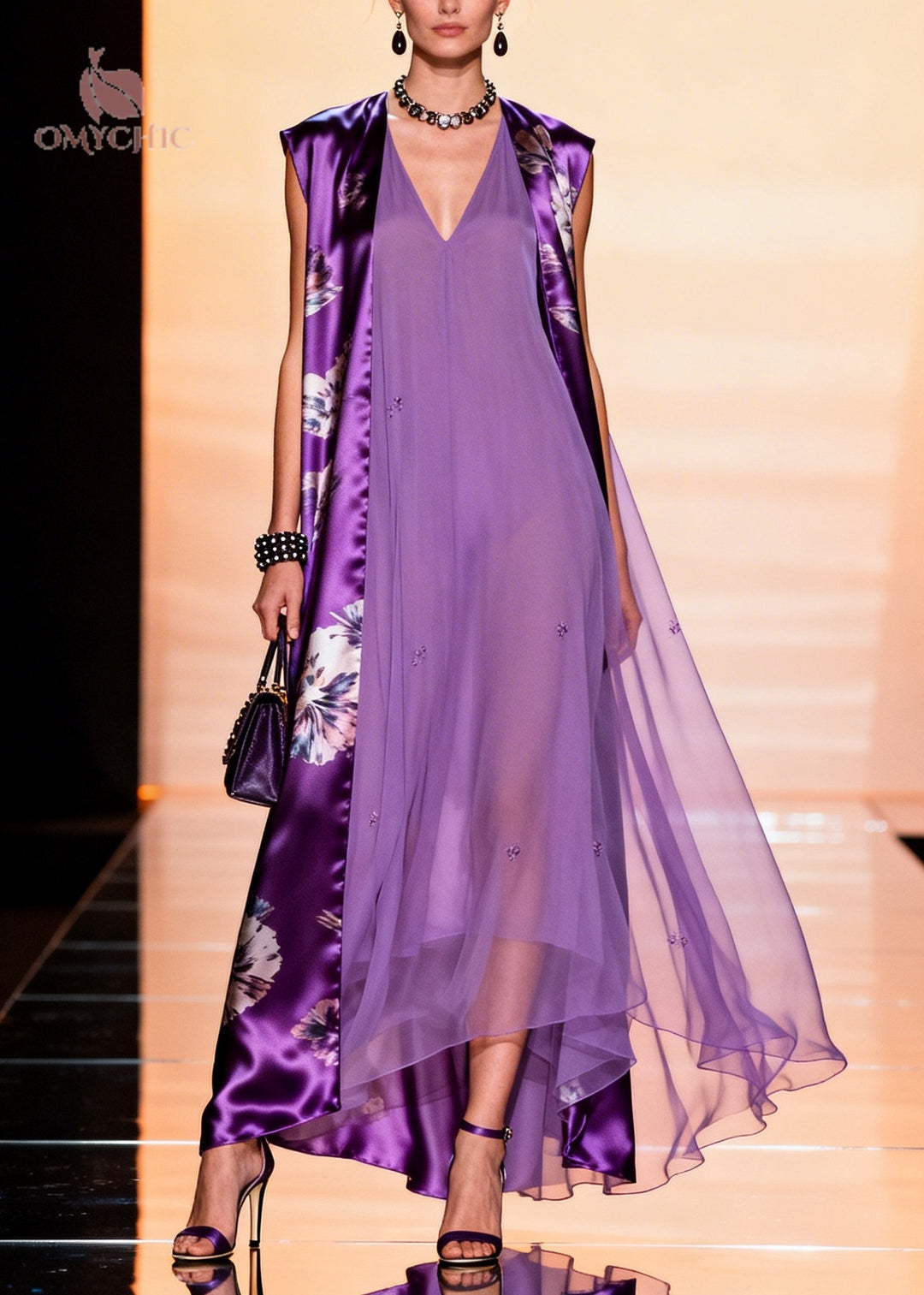 Natural Purple Oversized Patchwork Chiffon Dresses Sleeveless