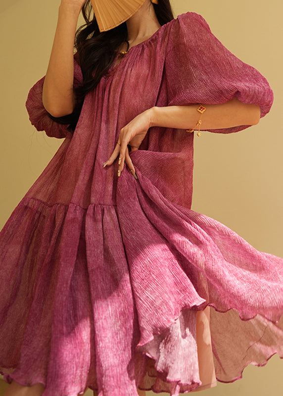 Natural Purple Patchwork Tie Lace Chiffon Mid Dresses Lantern Sleeve