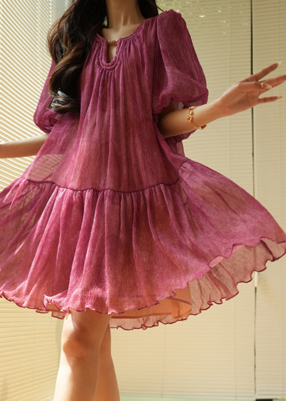 Natural Purple Patchwork Tie Lace Chiffon Mid Dresses Lantern Sleeve