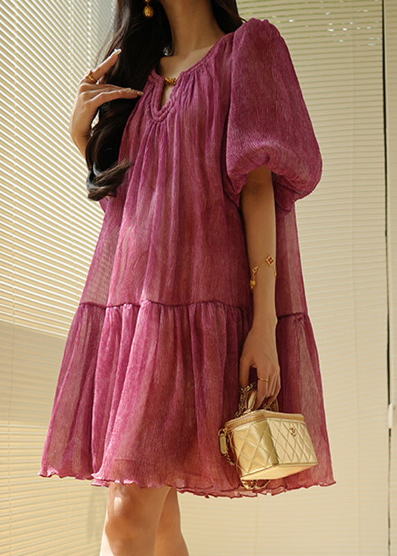 Natural Purple Patchwork Tie Lace Chiffon Mid Dresses Lantern Sleeve