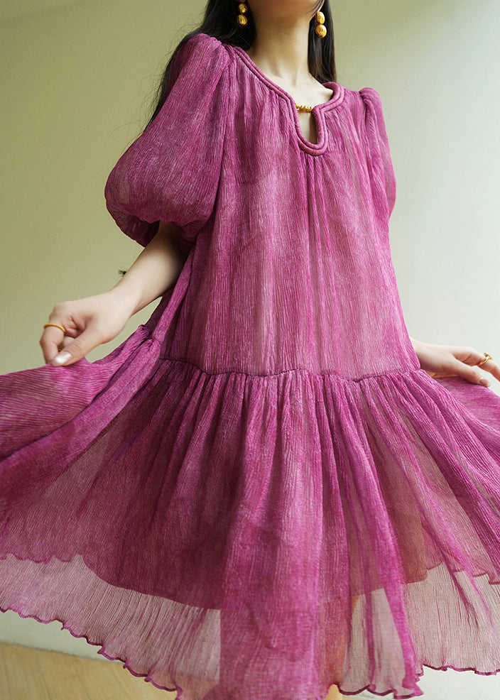 Natural Purple Patchwork Tie Lace Chiffon Mid Dresses Lantern Sleeve