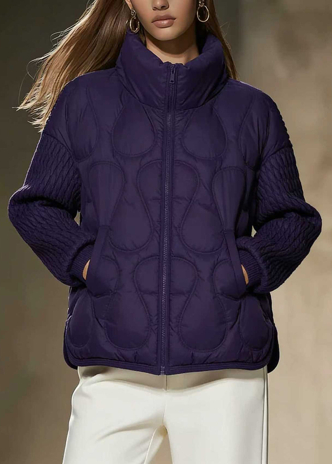 Natural Purple Stand Collar Oversized Fine Cotton Filled Witner Coat1