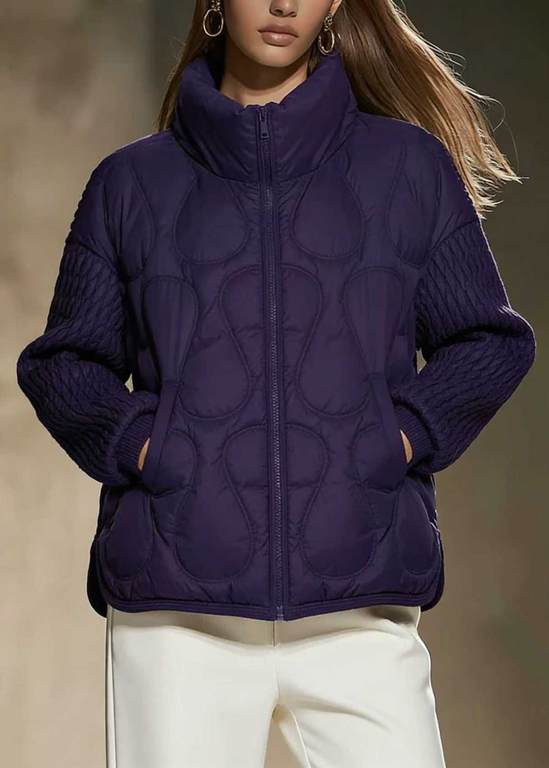 Natural Purple Stand Collar Oversized Fine Cotton Filled Witner Coat1