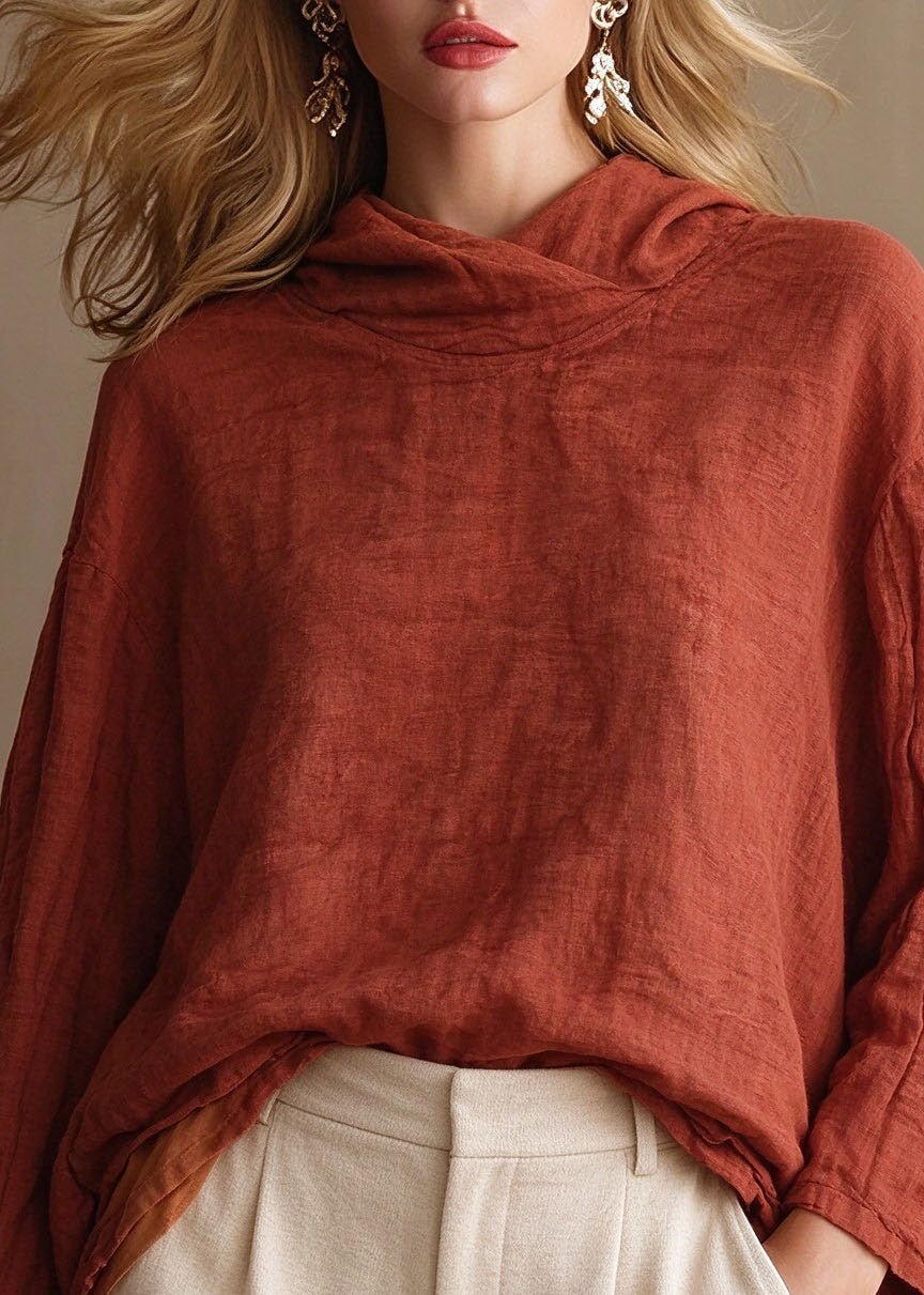 Natural Red Double-Layer Linen Hooded Tops Long Sleeve