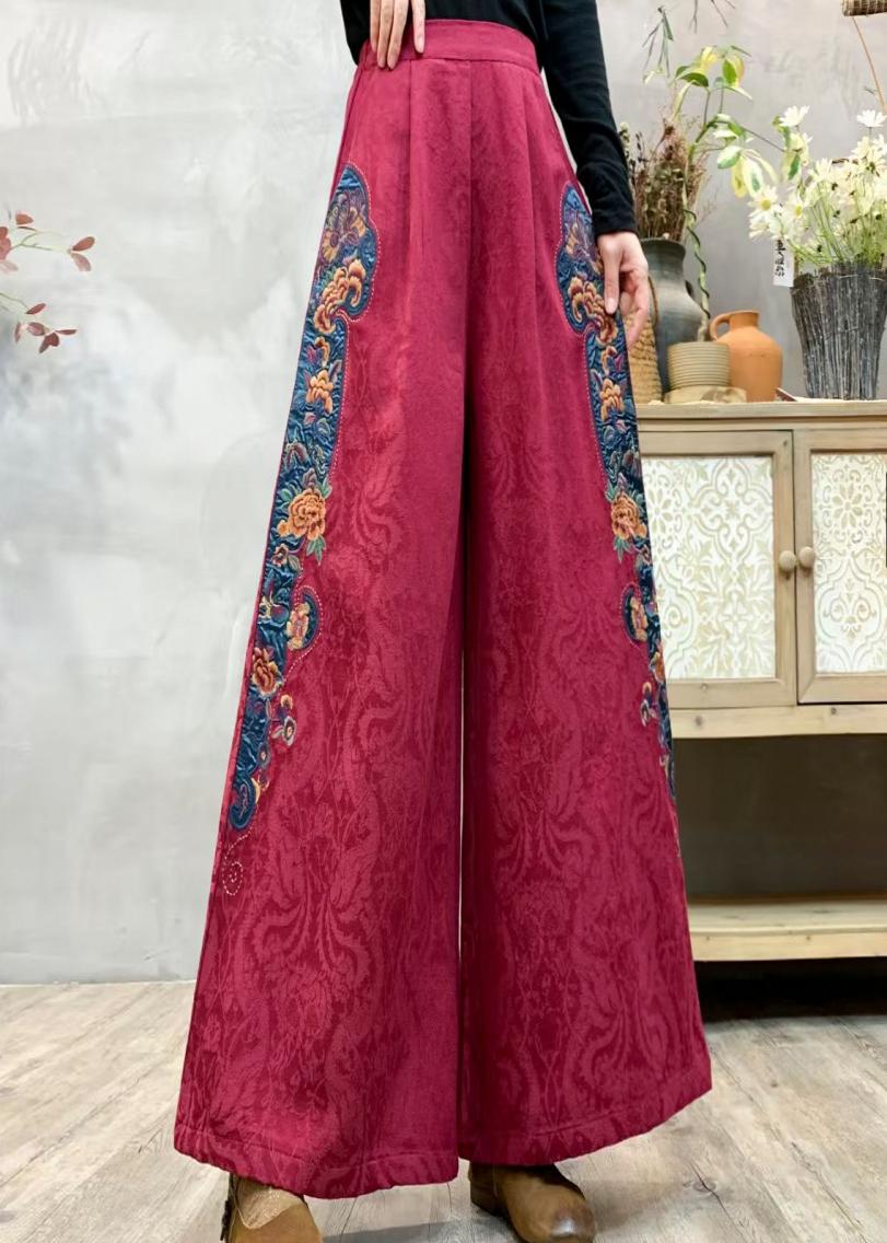 Natural Red Embroidered Jacquard Linen Straight Pants Spring