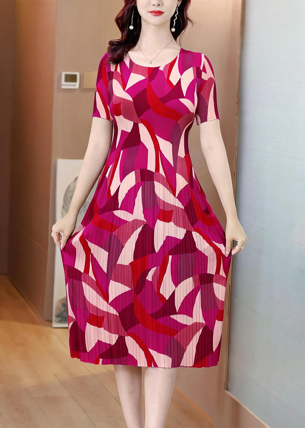 Natural Red O-Neck Print Maxi Dresses Short Sleeve