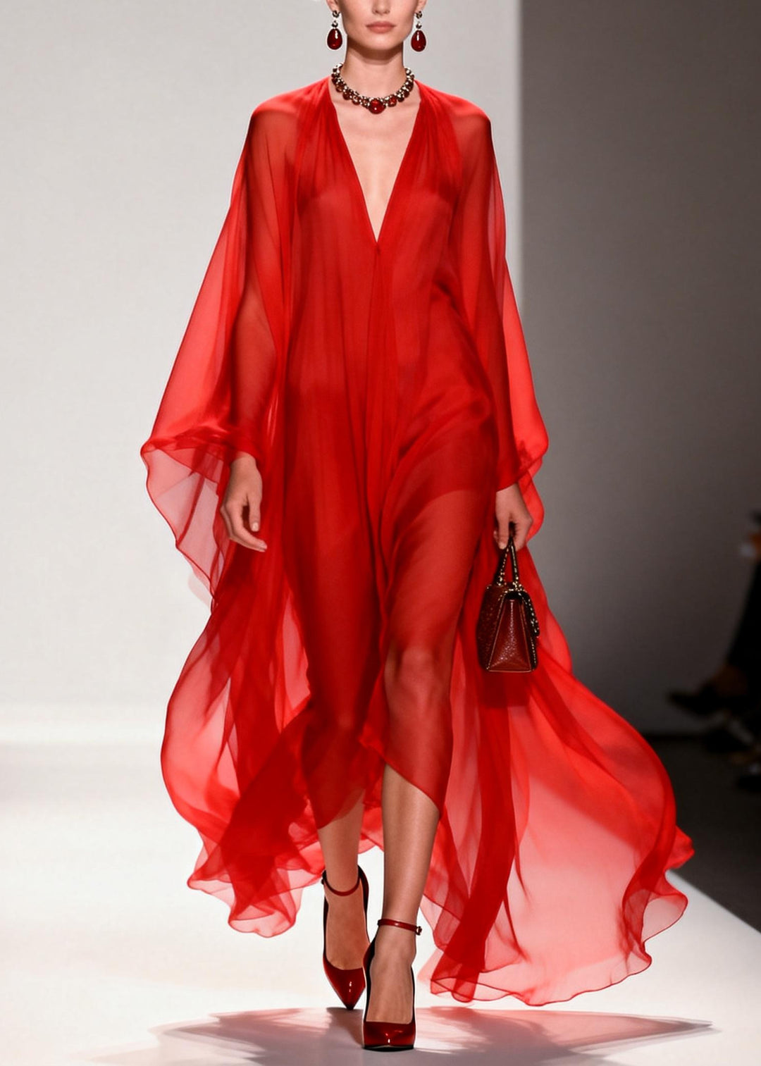 Natural Red Oversized Draping Chiffon Robe Dresses Summer