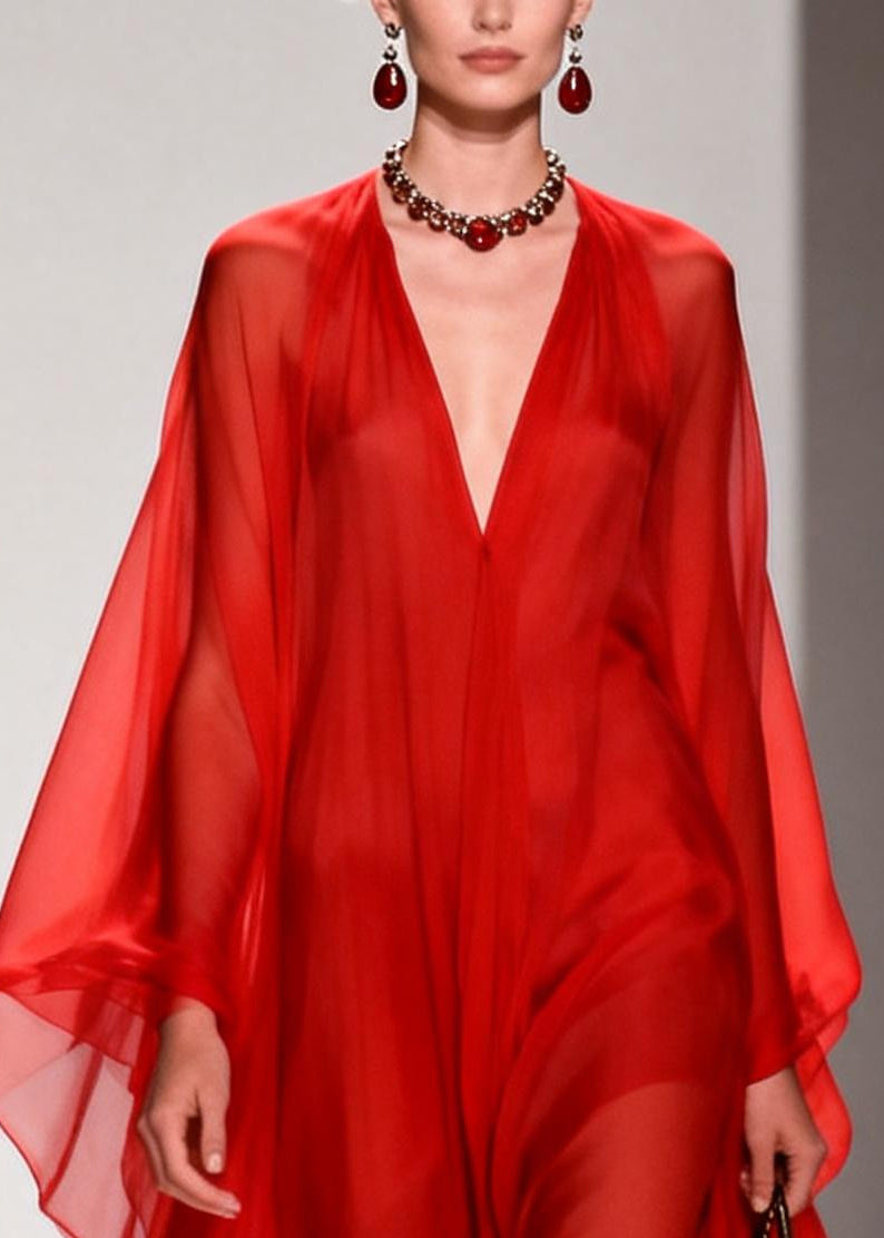 Natural Red Oversized Draping Chiffon Robe Dresses Summer