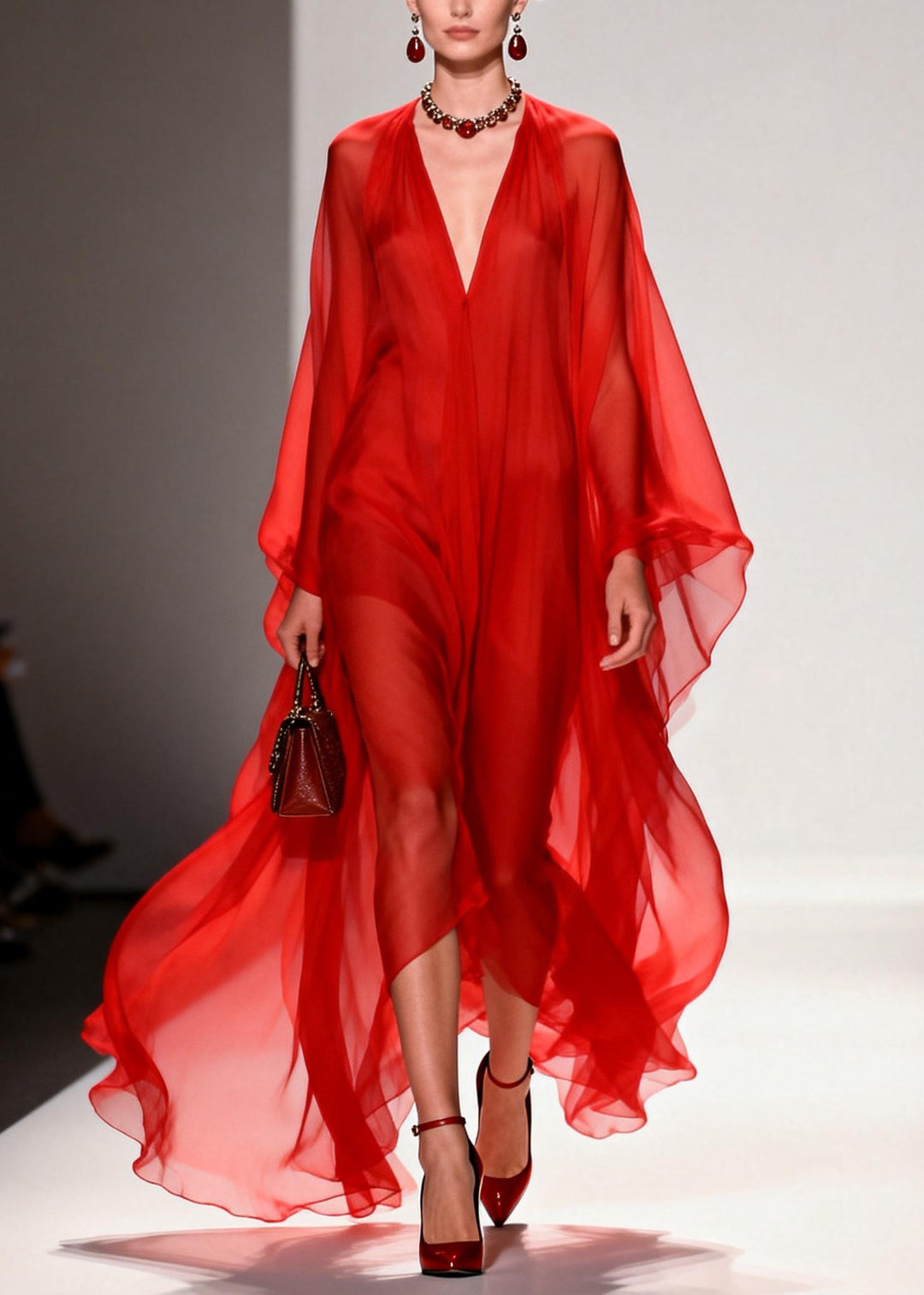 Natural Red Oversized Draping Chiffon Robe Dresses Summer
