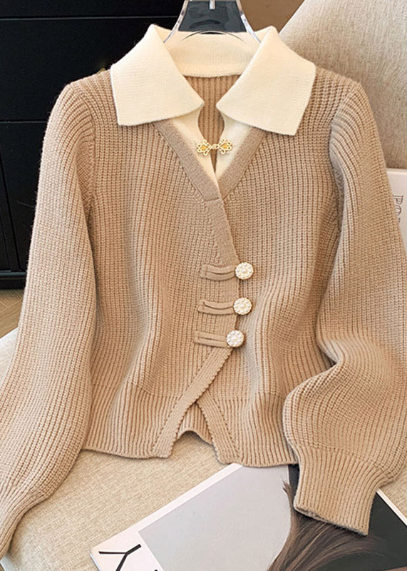 Natural Red Peter Pan Collar False Two Pieces Knit Top Spring