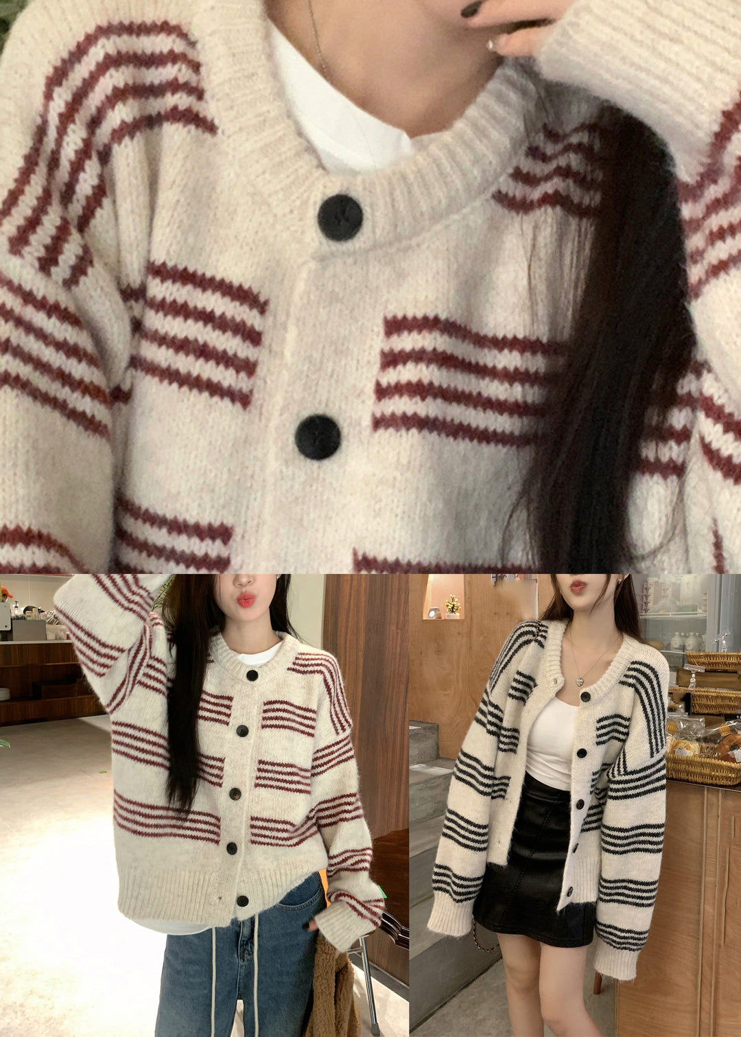 Natural Red Striped O-Neck Cotton Knit Cardigan Long Sleeve