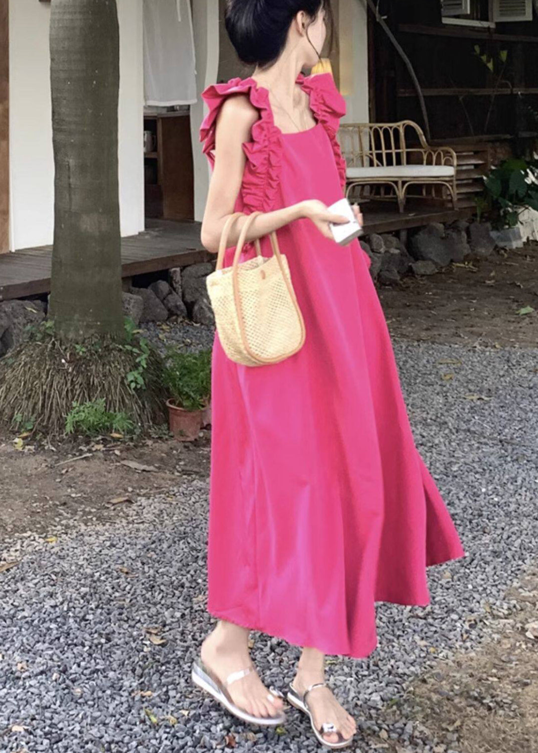 Natural Rose Ruffled Cotton Vacation Dresses Summer