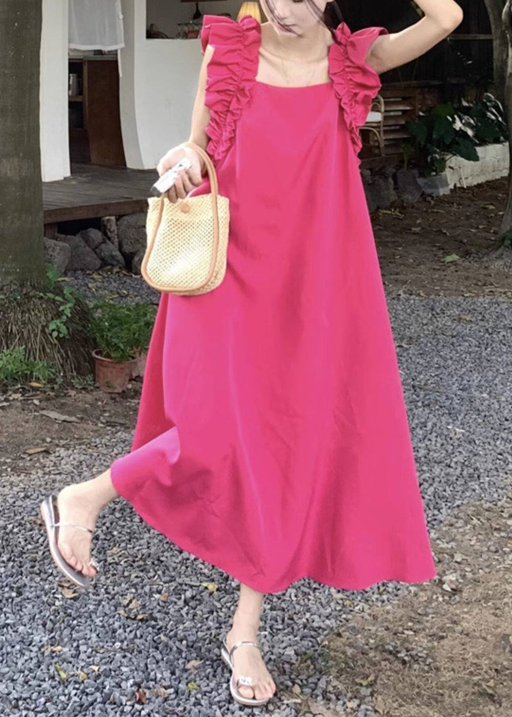 Natural Rose Ruffled Cotton Vacation Dresses Summer