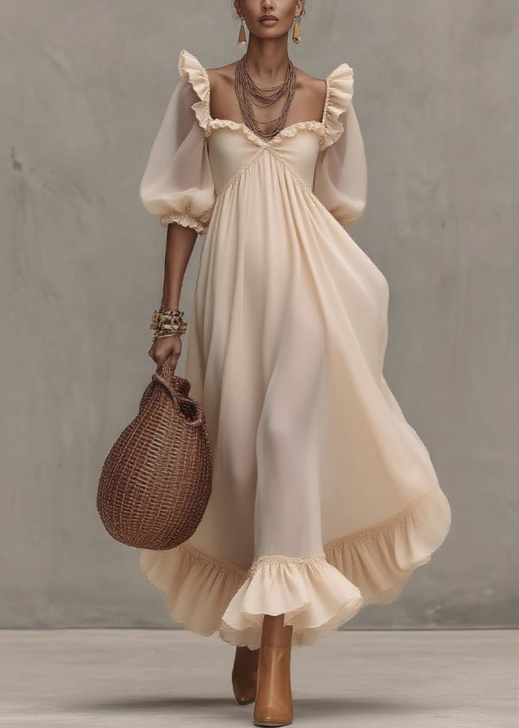 Natural Ruffled Patchwork Party Long Dress Short Sleeve - Omychic