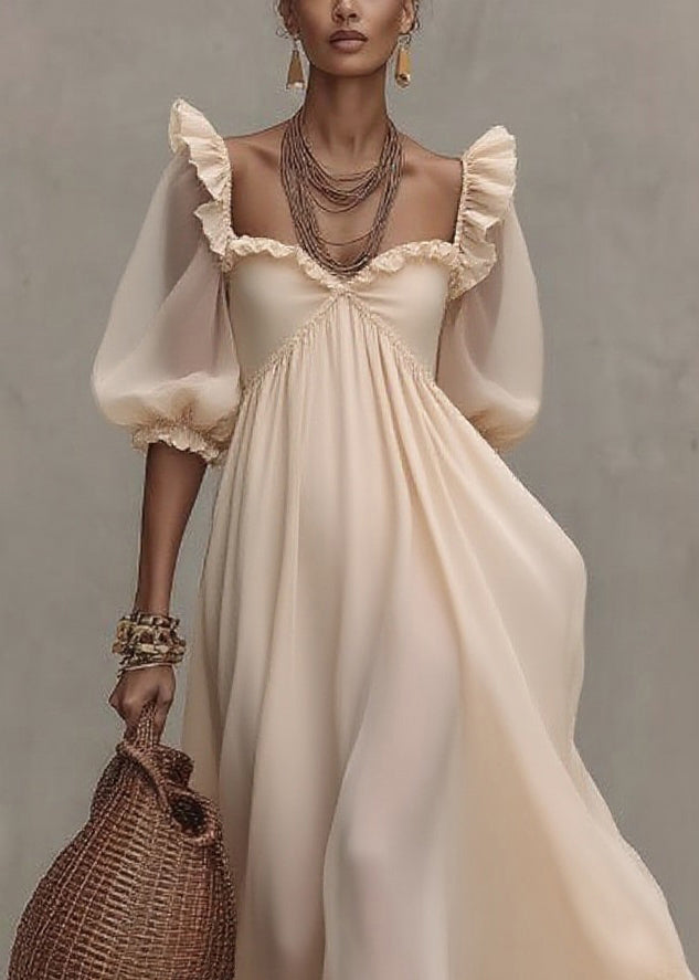 Natural Ruffled Patchwork Party Long Dress Short Sleeve - Omychic