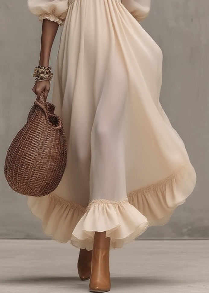 Natural Ruffled Patchwork Party Long Dress Short Sleeve - Omychic