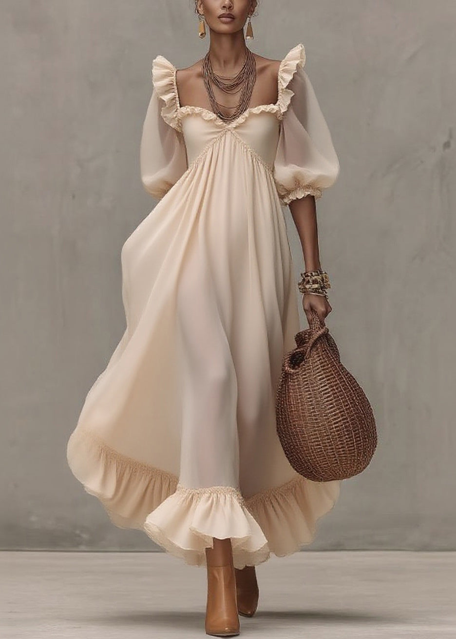 Natural Ruffled Patchwork Party Long Dress Short Sleeve - Omychic