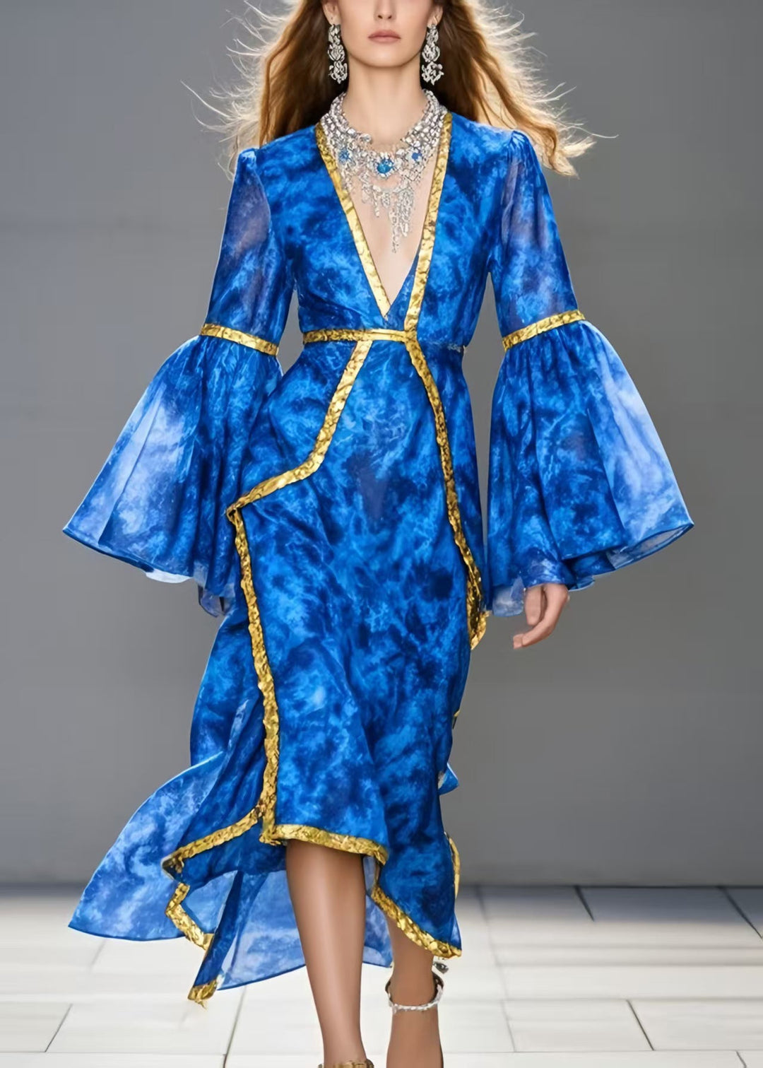 Natural Sea Blue Asymmetrical Patchwork Chiffon Vacation Dresses Flare Sleeve