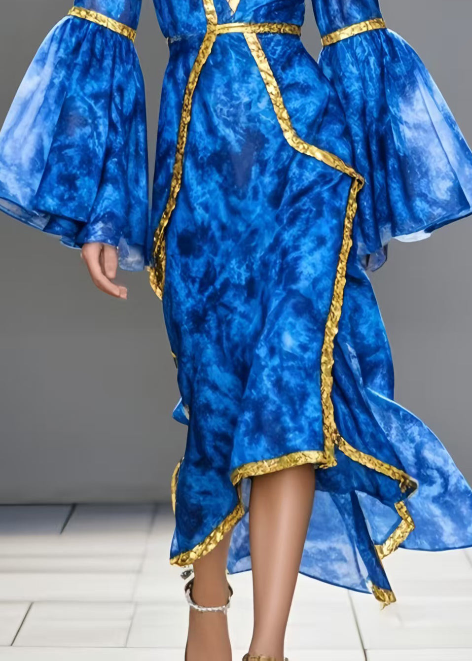 Natural Sea Blue Asymmetrical Patchwork Chiffon Vacation Dresses Flare Sleeve