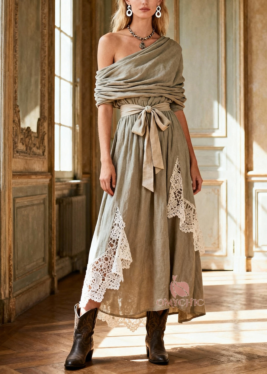 Natural Tie Waist Lace Patchwork Long Dress Spring