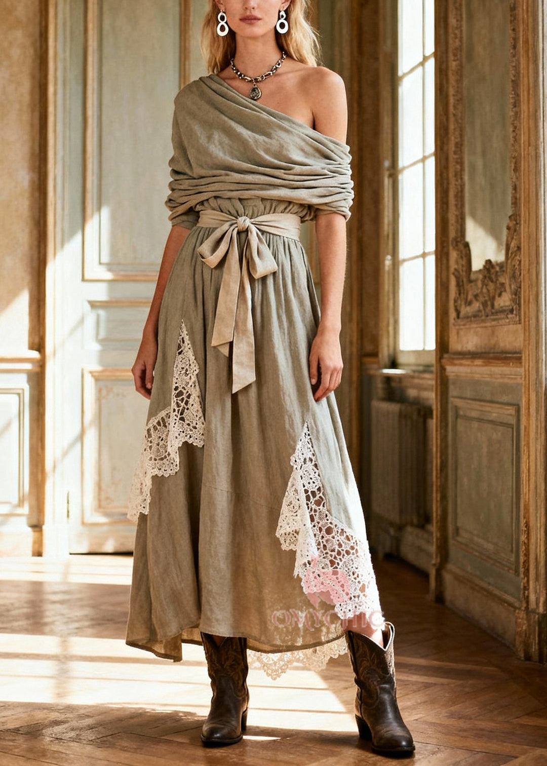 Natural Tie Waist Lace Patchwork Long Dress Spring