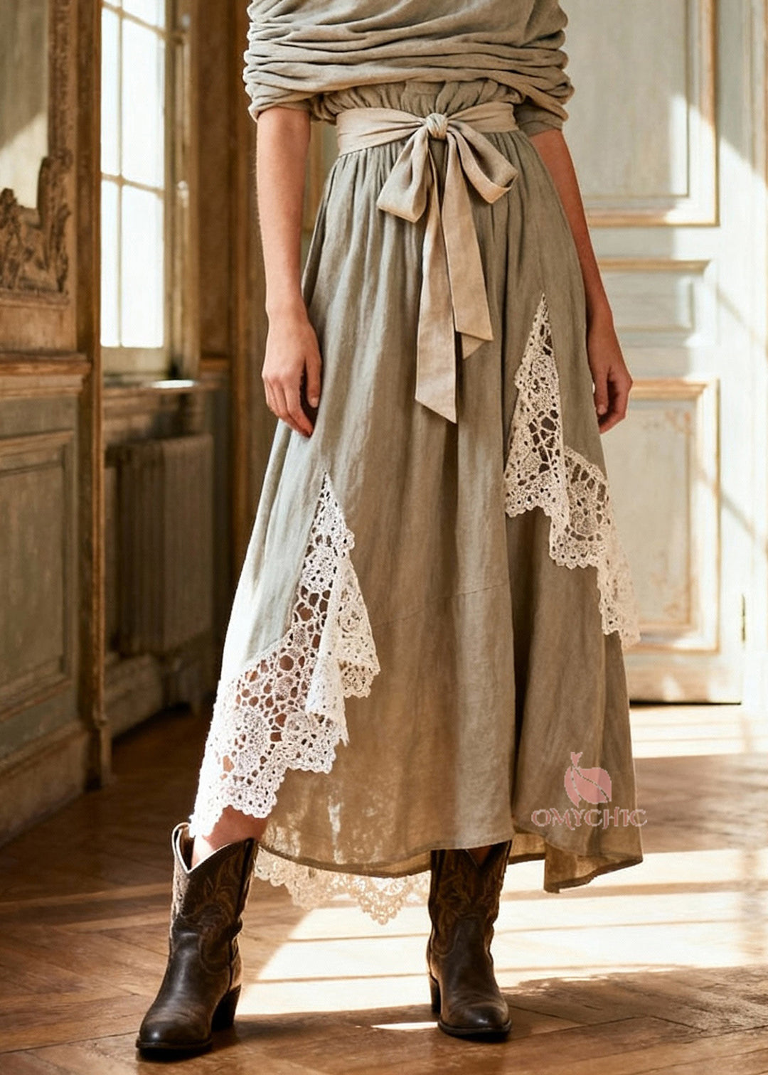 Natural Tie Waist Lace Patchwork Long Dress Spring