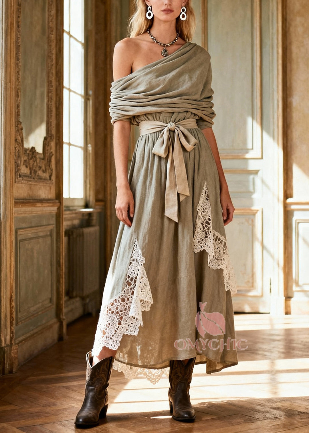 Natural Tie Waist Lace Patchwork Long Dress Spring