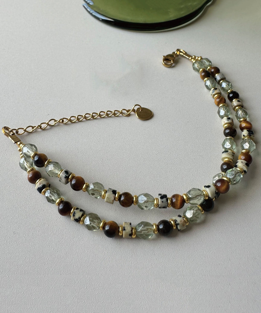 Natural Tiger Eye Stone Bead Glass Bead Chain Bracelet